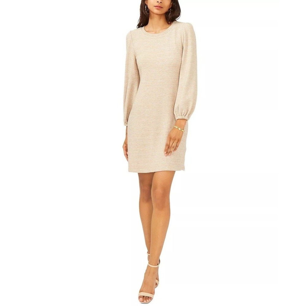 MSK Dress Womens Small Khaki Ribbed Knit Balloon Sleeve Sheath Long Sleeve NWT